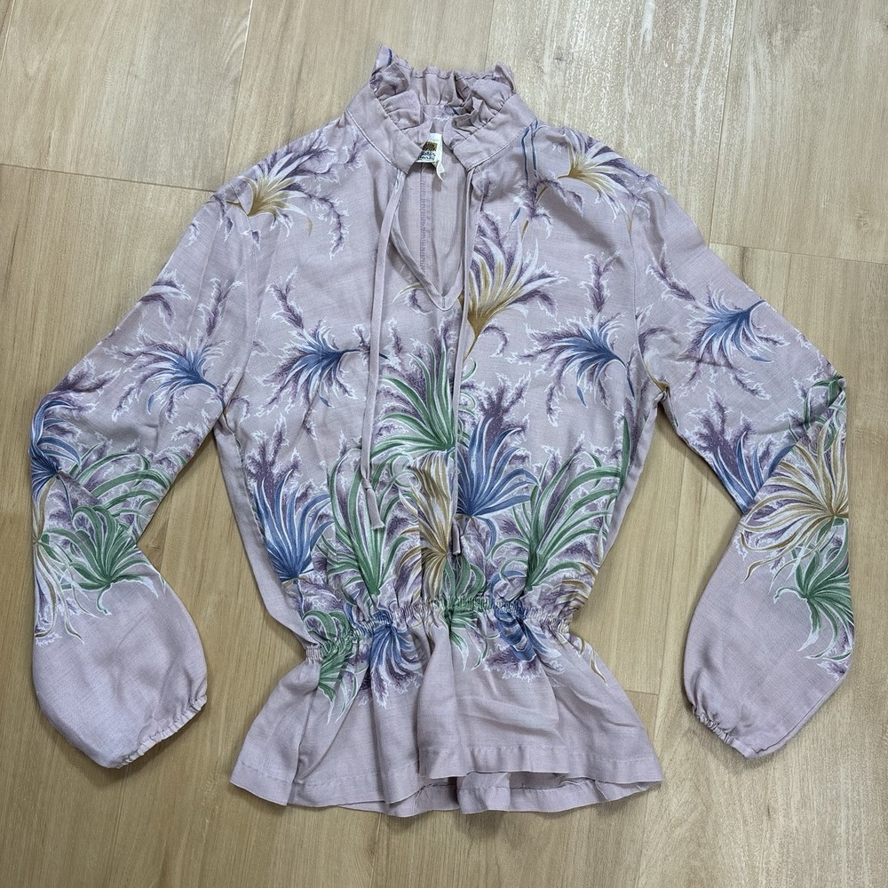 Vintage Mister Marty Women's Blouse Small Botanical Print Cinched Waist V Neck